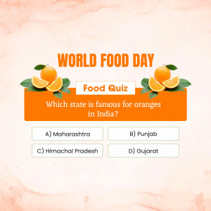 World Food Day quiz graphic with oranges and a question about which Indian state is famous for them.