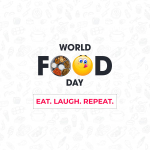 World Food Day graphic with food platter and smiling emoji