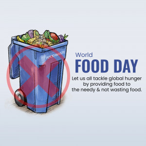 Illustration of a trash can overflowing with food with a red 'no' symbol over it, promoting World Food Day.