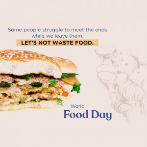 Image depicting a burger with text promoting reducing food waste and acknowledging global hunger.