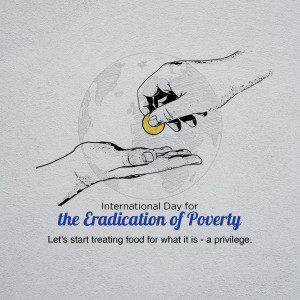 Hands exchanging a coin with a globe in the background, promoting the International Day for the Eradication of Poverty.