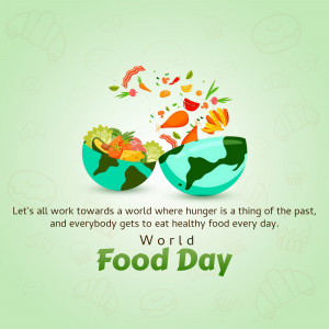 Illustration of a globe split open with fruits and vegetables spilling out, representing World Food Day.