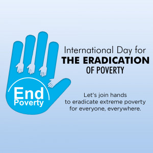 Blue handprint with smaller hands inside and text promoting the eradication of poverty.