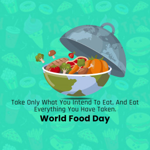 Illustration of food overflowing from a bowl shaped like the Earth, with a lid, promoting World Food Day and reducing food waste.