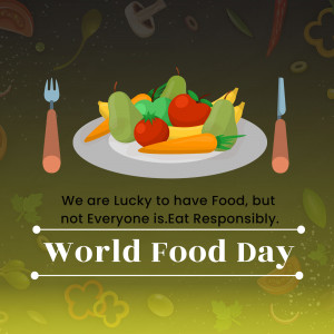 Illustration of a plate with fresh vegetables and fruits with the text 'World Food Day'