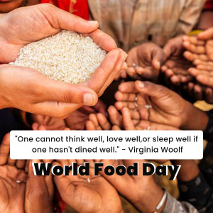 A close-up of hands reaching out, with rice held in one pair of hands, symbolizing hunger and the need for food security.