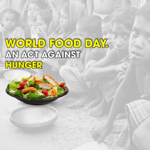 Image promoting World Food Day with a plate of food and children in the background.