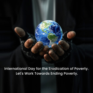 A pair of hands in gloves holding a glowing globe of the Earth, symbolizing the fight against poverty.