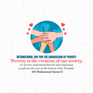 Hands of different skin tones united around a globe with hearts, promoting the eradication of poverty.