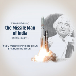 Portrait of Dr. A.P.J. Abdul Kalam with a rocket launch in the background