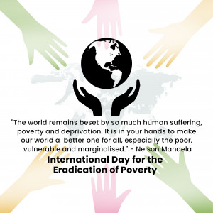 Hands holding the Earth with a quote about poverty eradication.