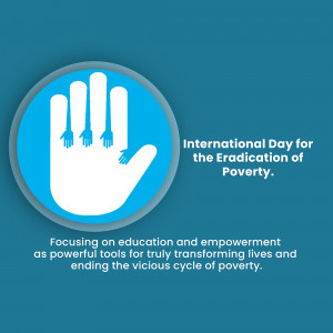 A white handprint inside a blue circle with text promoting the International Day for the Eradication of Poverty.