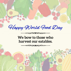 Illustration of various fruits and vegetables with text 'Happy World Food Day'