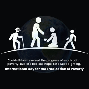 Illustration depicting people of different ages needing help, with the Earth in the background, and text about poverty eradication.