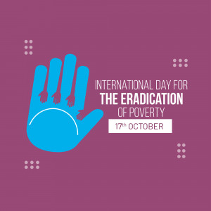 Blue hand with smaller hands reaching out, symbolizing support for poverty eradication.