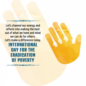 Image promoting International Day for the Eradication of Poverty with a hand graphic and text.