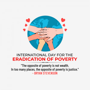 Illustration depicting hands of different skin tones united around a world globe, with hearts floating around, promoting the International Day for the Eradication of Poverty.