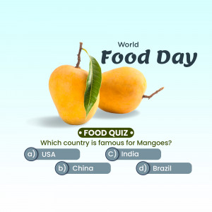 Image featuring two mangoes with a World Food Day quiz question about mango origins.