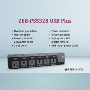 Zebronics ZEB-PS5320 USB Plus power strip with multiple sockets and USB ports