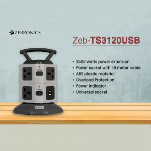 Zebronics Zeb-TS3120USB power extension with multiple sockets and USB ports