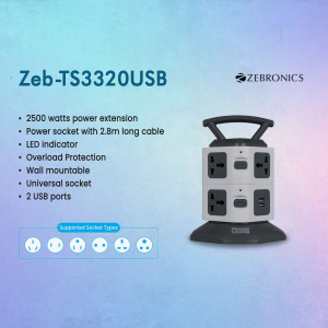 Zebronics Zeb-TS3320USB power strip with 2 USB ports and overload protection