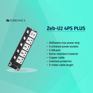 Zebronics Zeb-U2 4PS PLUS power strip with 4 universal power sockets and 2 USB ports