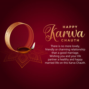 Karwa Chauth greeting with a golden karwa and diya
