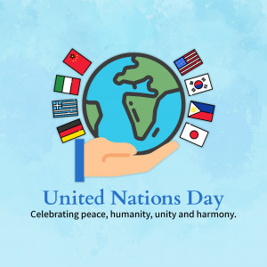 Illustration of a hand holding the Earth with flags of various nations around it, celebrating United Nations Day.