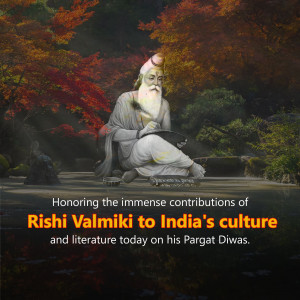 Statue of Rishi Valmiki writing, with autumn foliage in the background