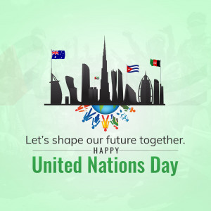 United Nations Day graphic with flags and cityscape