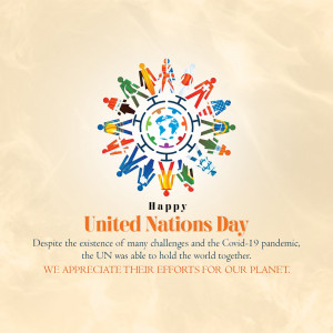Illustration of people around the globe with a world map at the center, celebrating United Nations Day.