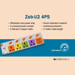 Zebronics Zeb-U2 4PS power strip with 4 universal sockets and 2 USB ports