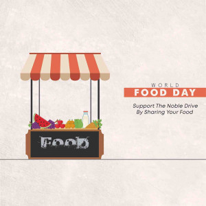 Illustration of a food stall with fruits and vegetables, promoting World Food Day.