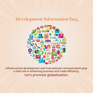 Graphic depicting Development Information Day with icons representing technology, communication, and infrastructure.