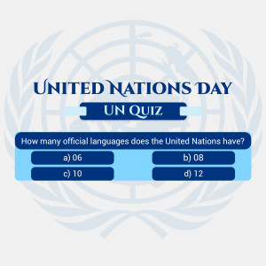 United Nations Day quiz graphic with question about official languages