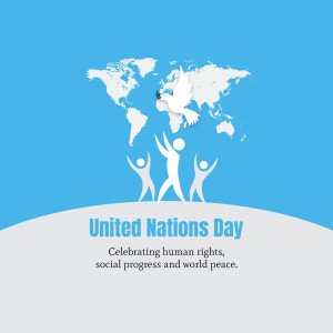 United Nations Day illustration with a world map, dove, and people raising their hands.
