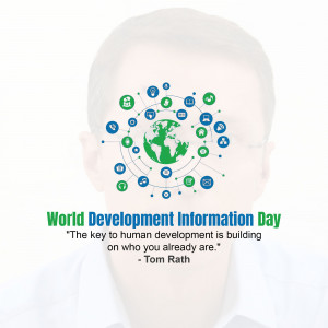 Illustration of a head with a network of icons representing information and a globe, with text 'World Development Information Day'