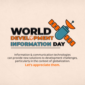 Graphic commemorating World Development Information Day with satellite illustration.