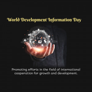 A hand holding a glowing globe with icons representing development and information, with the text 'World Development Information Day'.