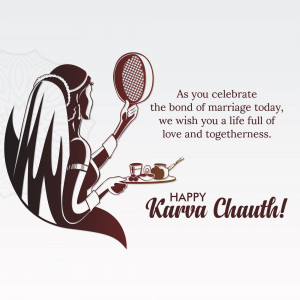 Illustration of a woman looking into a mirror with Karwa Chauth offerings and text 'Happy Karwa Chauth!'