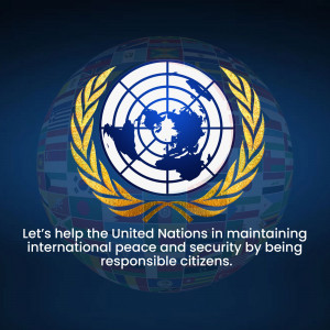The United Nations emblem with a globe and olive branches.
