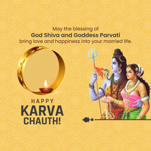 Karva Chauth greeting with Shiva, Parvati, and traditional elements