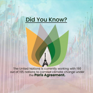 Image depicting the Paris Agreement and international cooperation on climate change with flags and a stylized flame/leaf design.