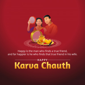 Illustration of a couple celebrating Karwa Chauth with traditional items.