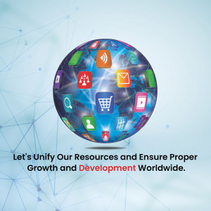 A globe made up of various app icons, representing global connectivity and resource management.