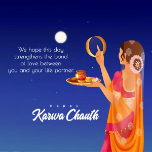 Illustration of a woman performing Karwa Chauth rituals with a thali and moon in the background.