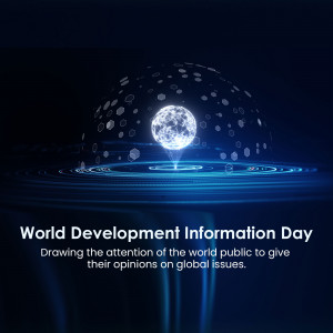 Digital globe with moon reflection and text 'World Development Information Day'