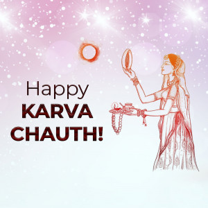 Illustration of a woman performing Karva Chauth rituals with text 'Happy Karva Chauth!'