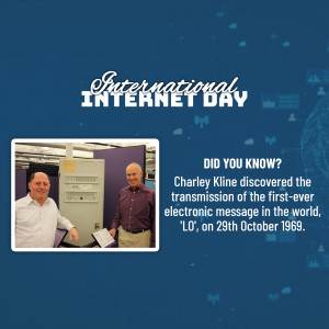Image commemorating International Internet Day with a historical photo of Charley Kline and Leonard Kleinrock.