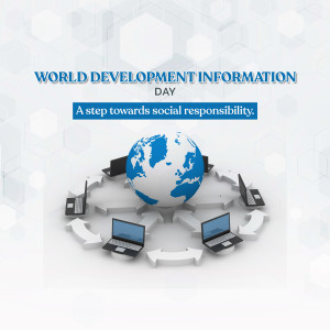 Image depicting World Development Information Day with a globe surrounded by laptops and gears.